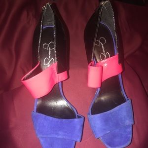 Colorblocked suede platform sandal with black heel